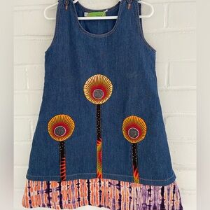 Girls Artsy Denim Sundress Bright Floral Appliqué On Front Tye-Dye Underlay Sz 4